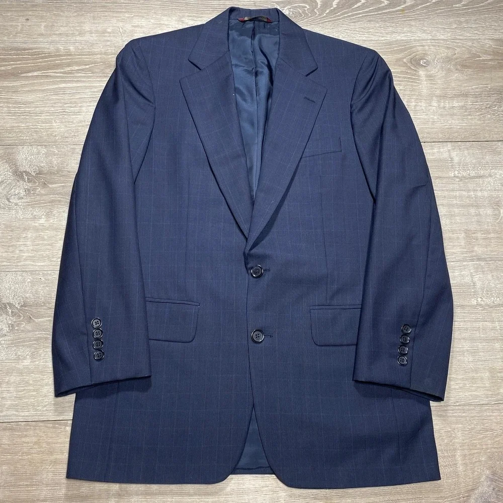 Vintage Samuelsohn Blazer Mens 37‎ Regular Navy Wool Windowpane Sport Coat 90s